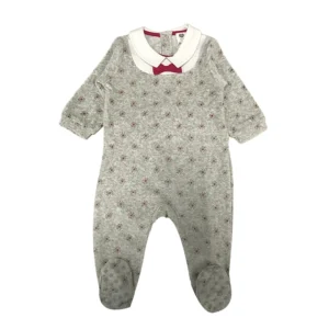 Grenouillère bébé velours gris col blanc nœud rouge