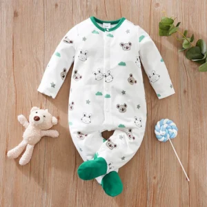 Grenouillère bébé coton doux motif ours vert hiver