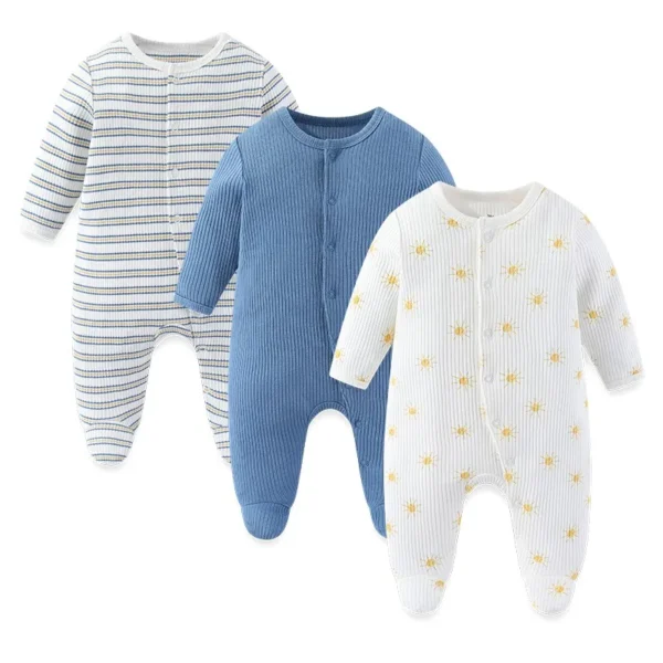 Grenouillère bébé lot 3 coton doux bleu et blanc