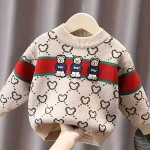 Pull tricot enfant beige bandes rouges vertes