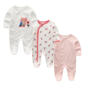 Grenouillère bébé lot 3 coton doux rose hiboux hiver