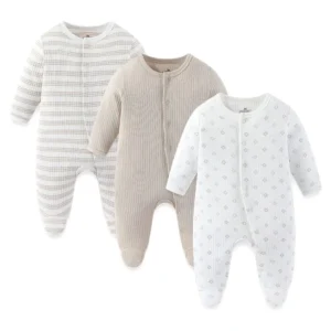 Grenouillère bébé lot 3 coton doux beige et blanc