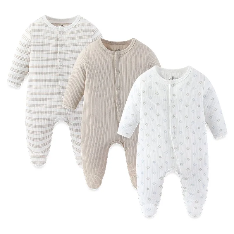 Grenouillère bébé lot 3 coton doux beige et blanc