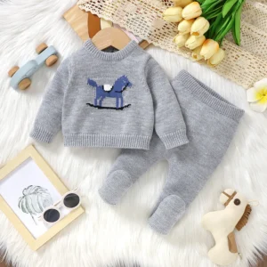 Ensemble tricot gris cheval bascule pull et pantalon
