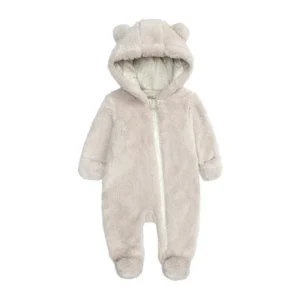 Combinaison bébé en peluche beige à capuche