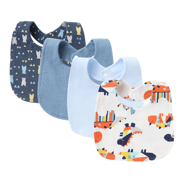 Bavoirs bébé coton tons bleus et animaux – Lot de 4
