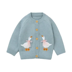 Pull bébé tricot oies boutons bois coloris bleu gris