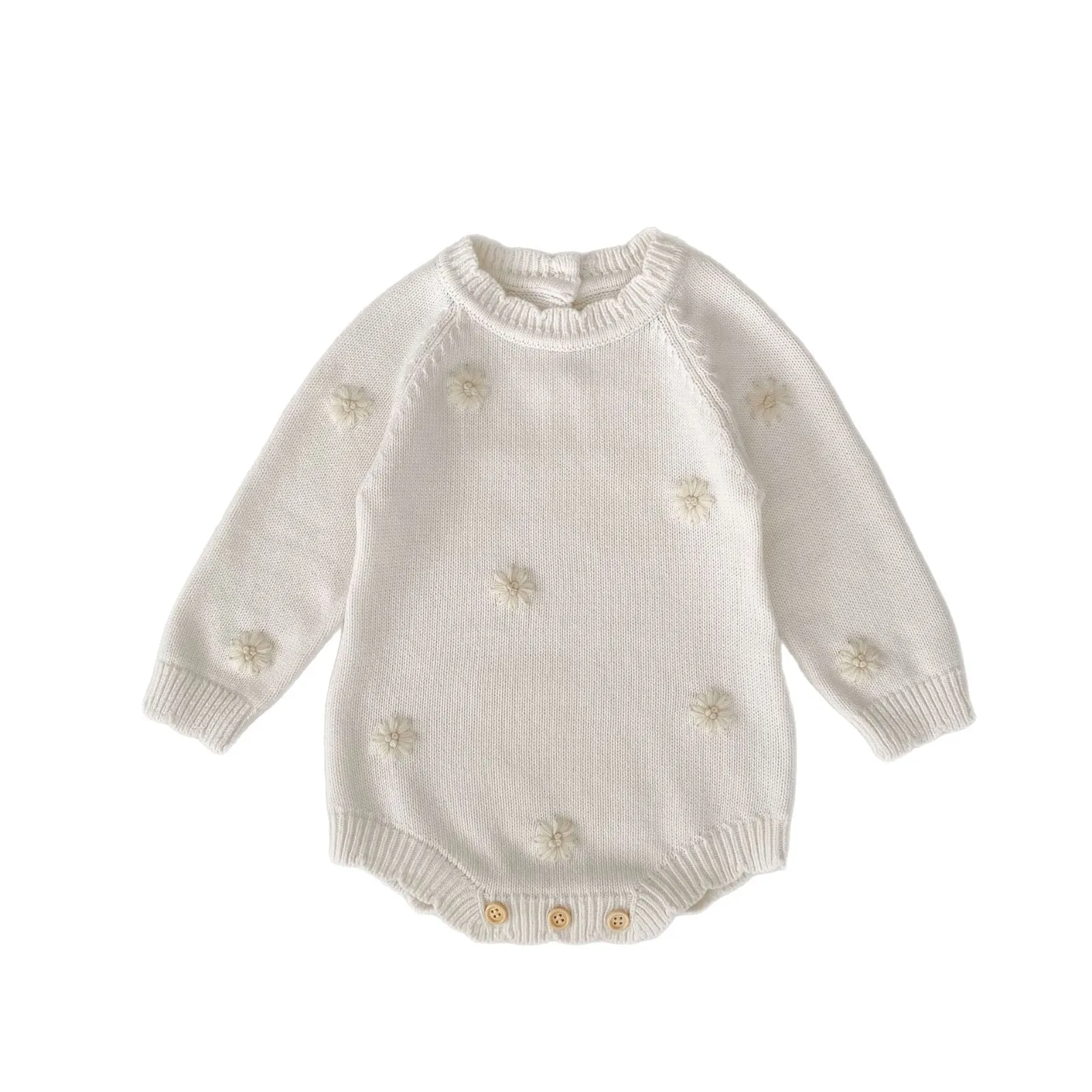 Barboteuse bébé tricot crème à fleurs brodées douces