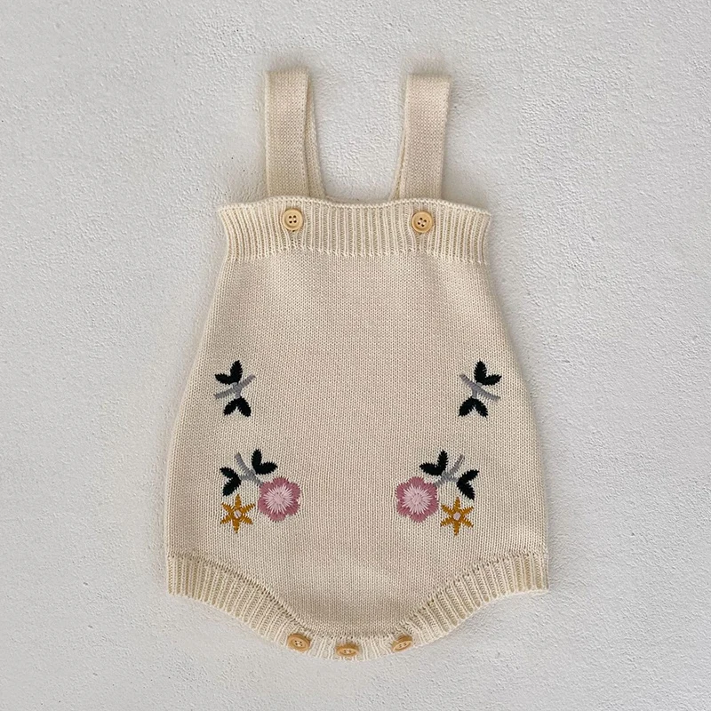 Barboteuse bébé beige crème tricotée fleurs