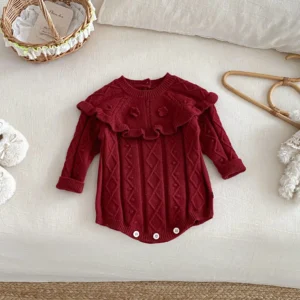 Barboteuse bébé tricot bordeaux volants chics
