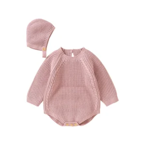 Barboteuse bébé tricot rose avec bonnet