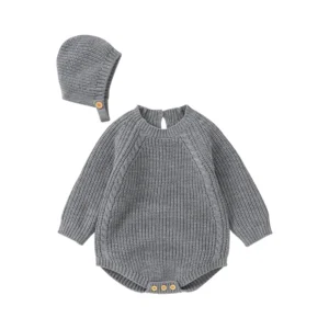 Barboteuse bébé tricot gris avec bonnet