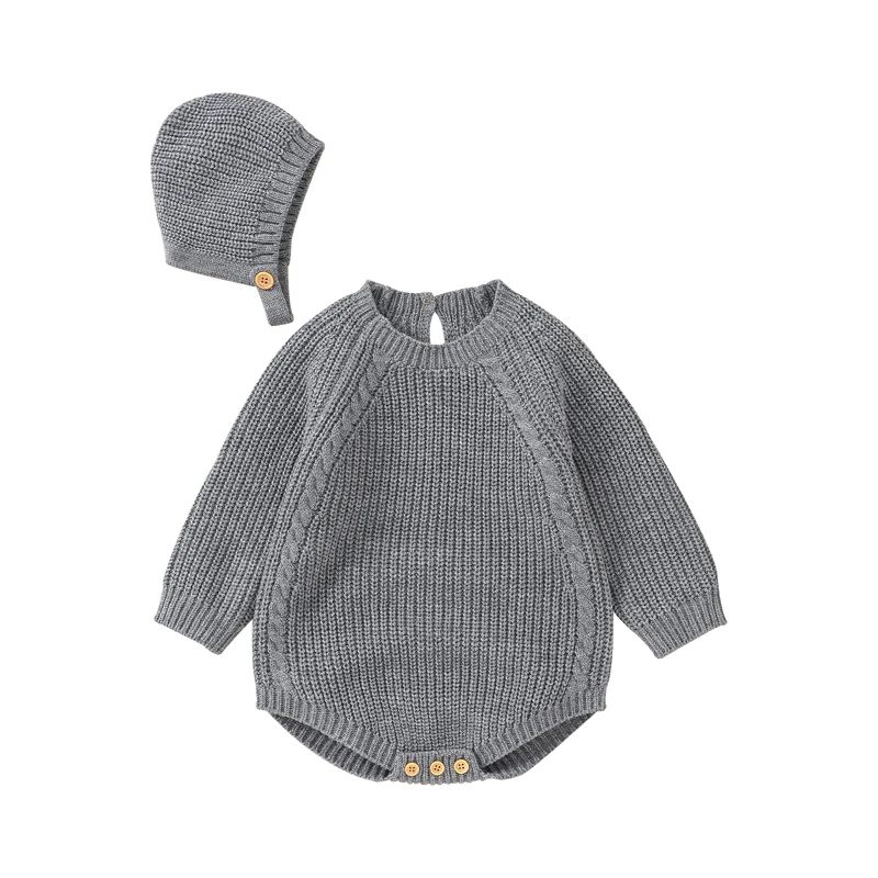 Barboteuse bébé tricot gris avec bonnet