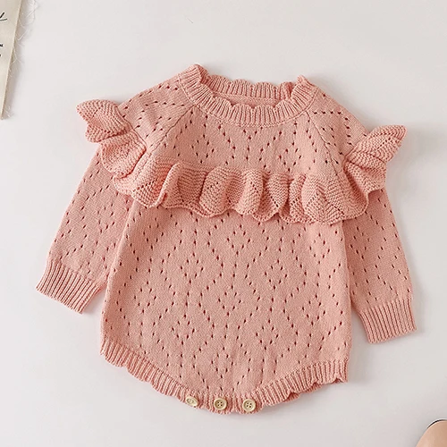 Barboteuse bébé tricot rose pâle à volants