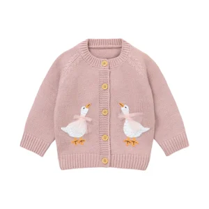 Pull bébé tricot oies boutons bois coloris rose