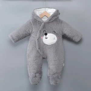 Combinaison bébé en peluche grise à capuche ourson
