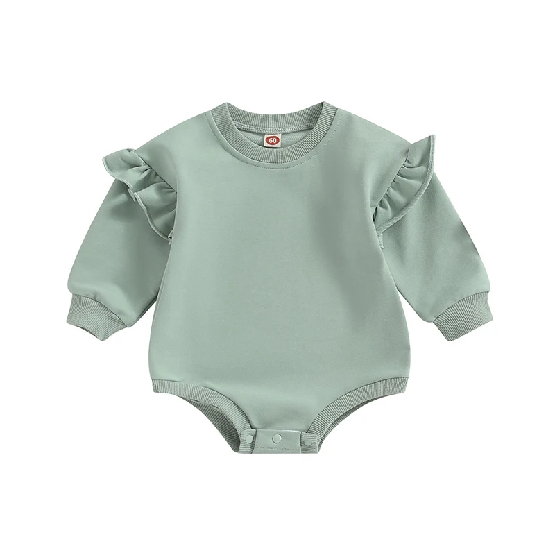 Barboteuse bébé vert sauge manches longues volants douce