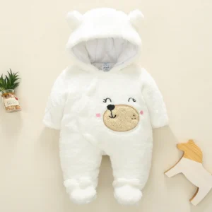 Combinaison bébé en peluche blanc à capuche ourson