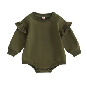 Barboteuse bébé vert olive manches longues volants chauds