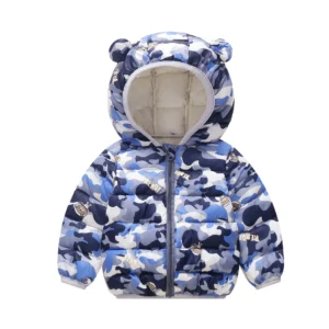 Manteau bébé bleu camouflage à capuche hiver chaud cocon