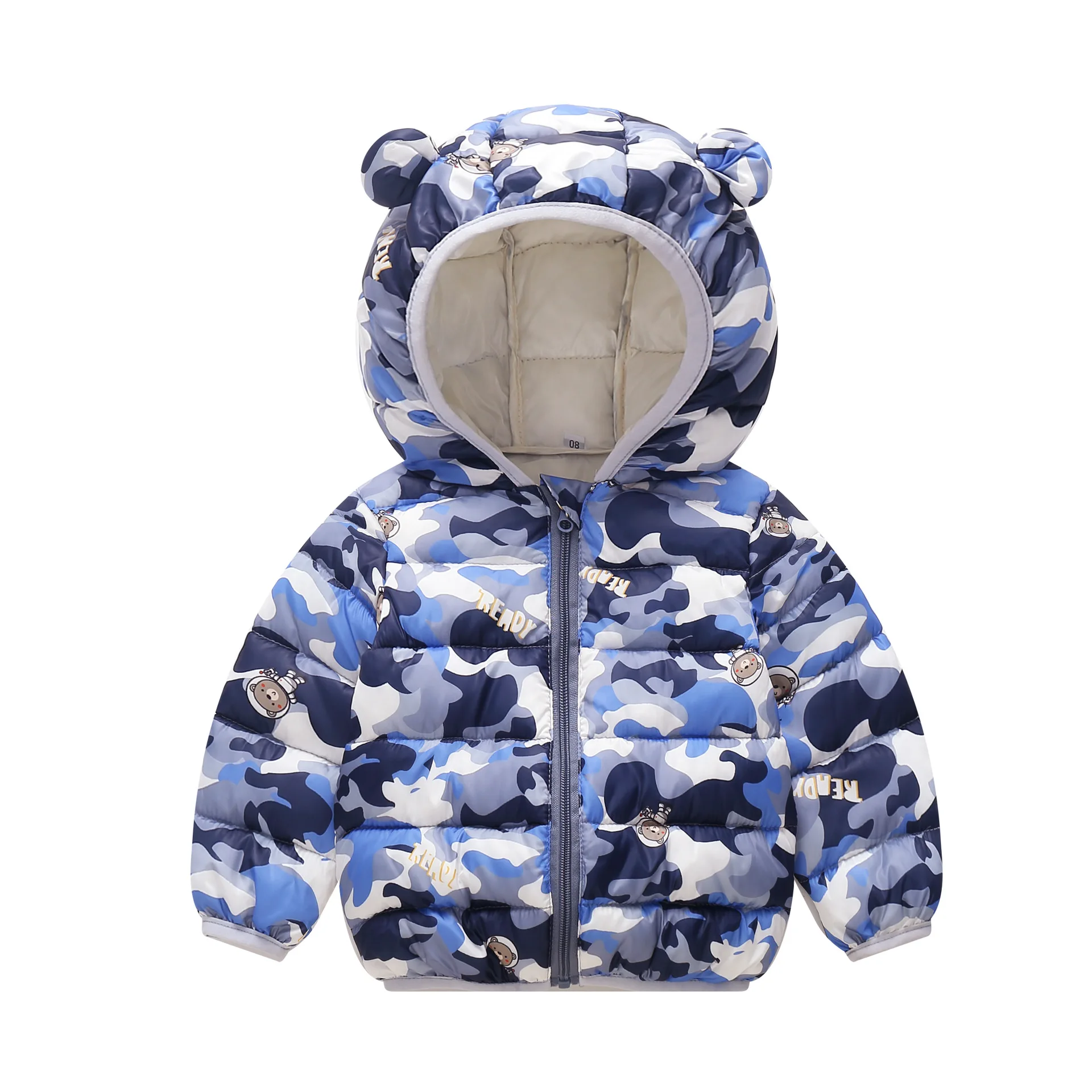 Manteau bébé bleu camouflage à capuche hiver chaud cocon