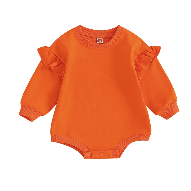 Barboteuse bébé orange manches longues volants douce