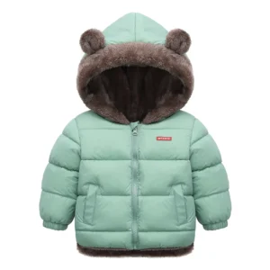 Manteau bébé vert sauge à capuche ours hiver doux chaud