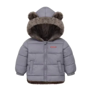 Manteau bébé gris perle à capuche ours hiver doux chaud