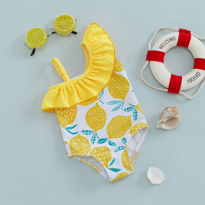 Maillot de bain citron à volant asymétrique jaune – Image 3