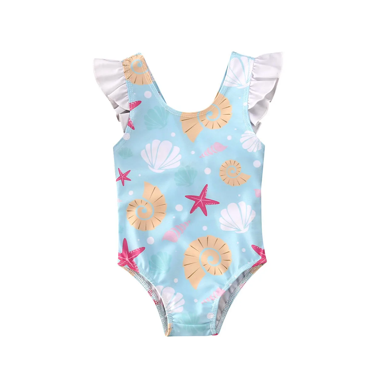 BodyBébé maillot coquillage dos nu à volants bleu ciel
