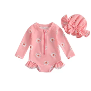 BodyBébé maillot manches longues rose fleurs et bonnet