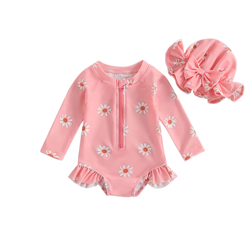 BodyBébé maillot fleuri manches longues rose poudré