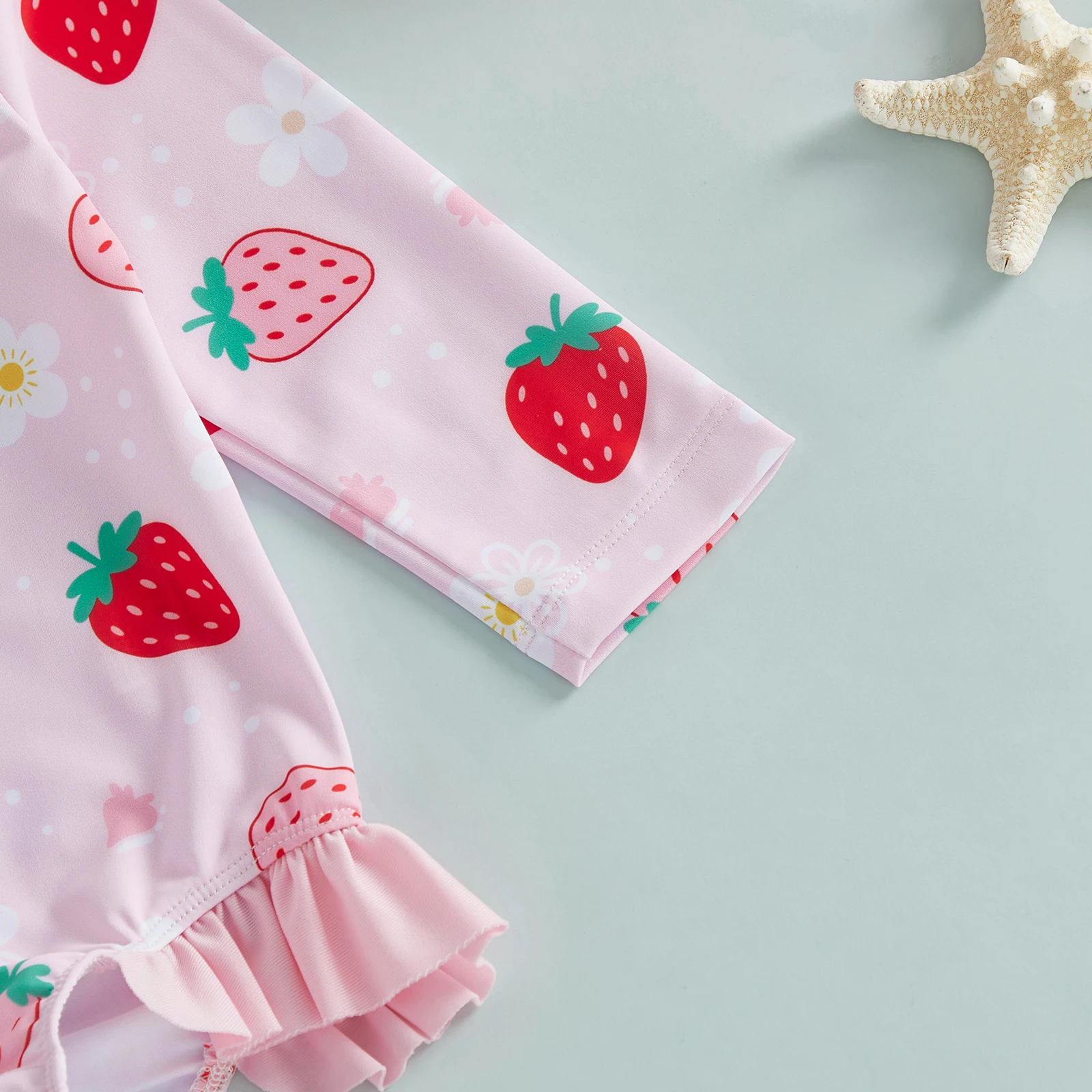 Maillot de bain fraise manches longues rose avec bonnet – Image 5