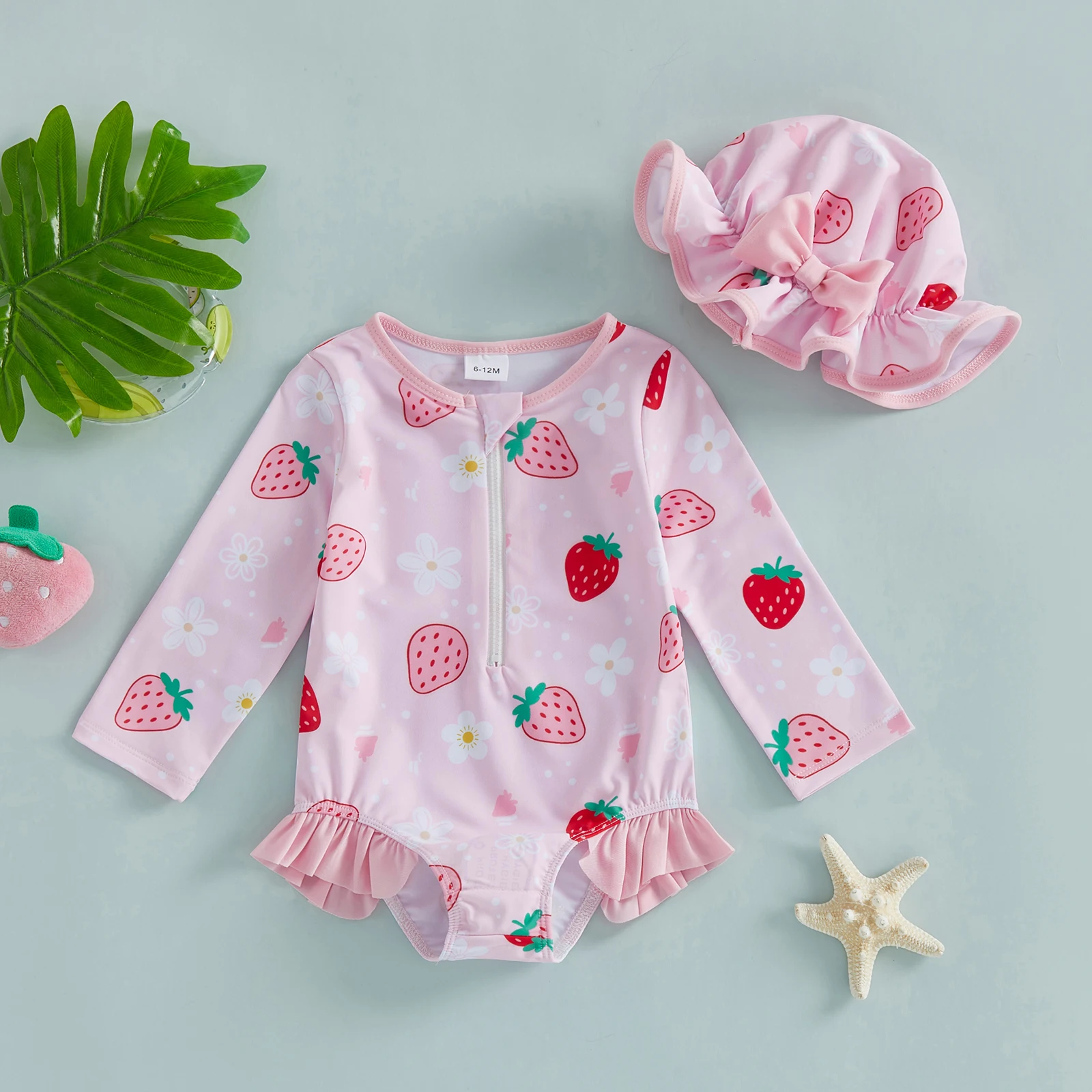 BodyBébé maillot fraise manches longues rose avec bonnet
