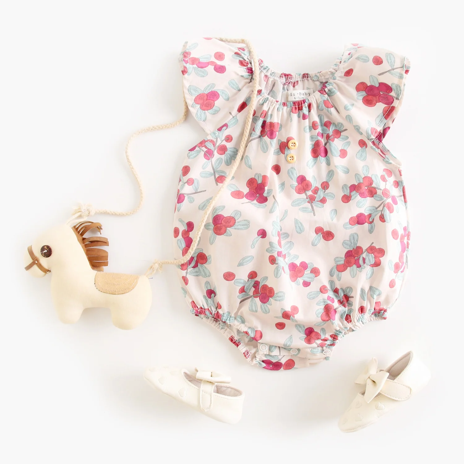 BodyBébé écru fleuri corail à volants en coton doux – Image 3