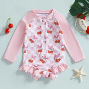 BodyBébé maillot cerises volanté manches longues rose