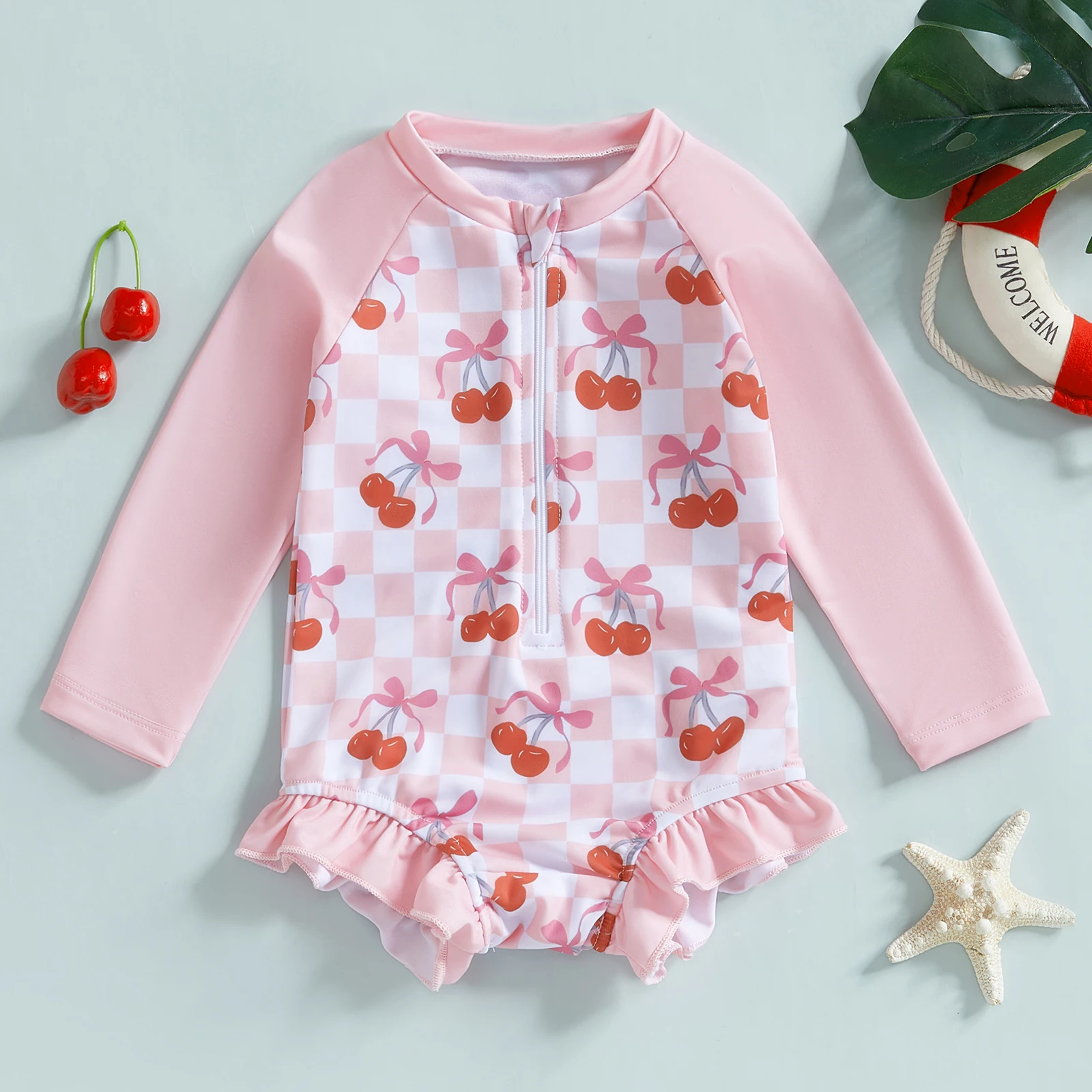 BodyBébé maillot cerises volanté manches longues rose