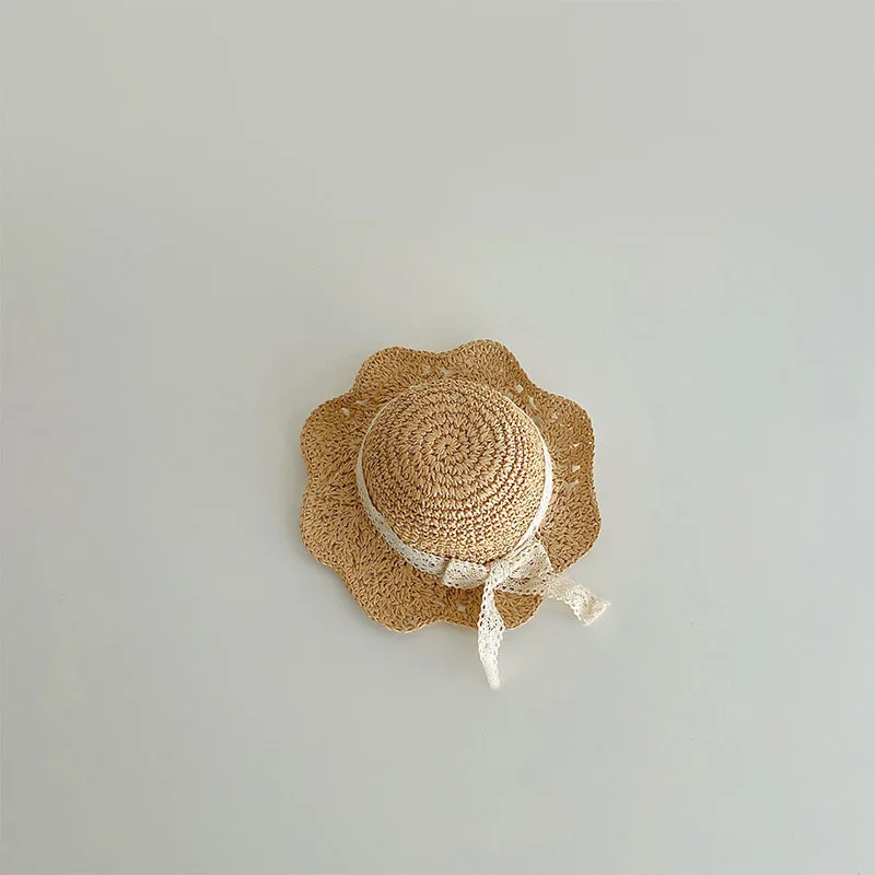 Chapeau bébé de soleil en paille à nœud dentelle