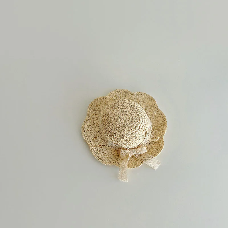 Chapeau bébé de soleil en paille à nœud dentelle
