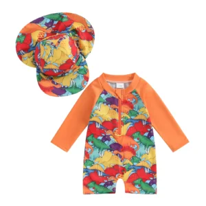 Maillot de bain bébé orange anti UV dinosaures manches longues
