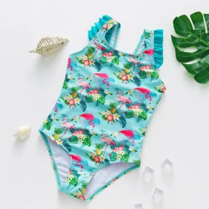 Maillot de bain turquoise bébé flamants et fleurs