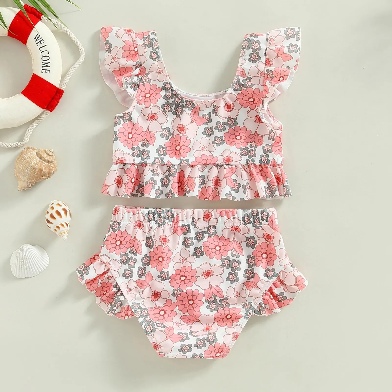Maillot de bain bébé rose fleuri deux pièces