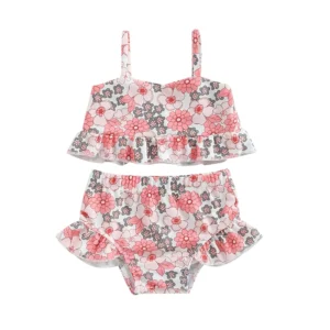 Maillot de bain rose bébé fleuri deux pièces volanté