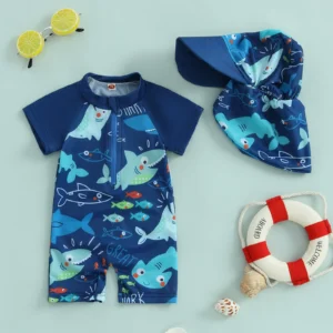 Maillot de bain bébé requin manches courtes avec bonnet