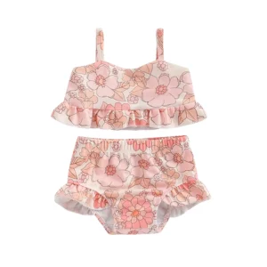 Maillot de bain bébé rose fleuri deux pièces volanté