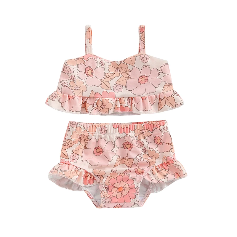Maillot de bain bébé rose fleuri deux pièces volanté