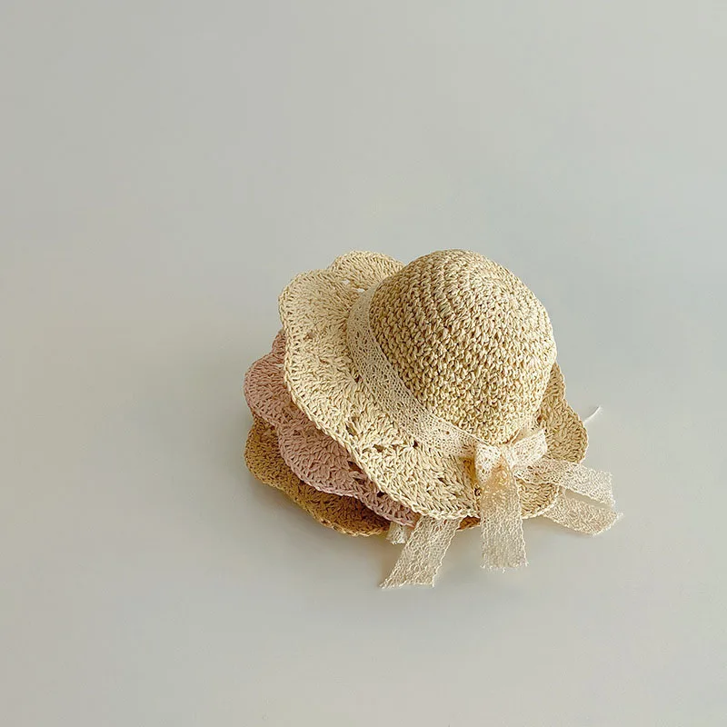 Chapeau bébé de soleil en paille à nœud dentelle