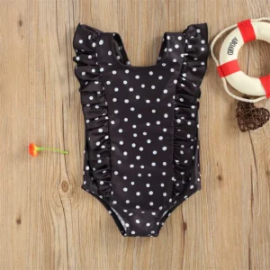 Maillot de bain bébé noir à pois blancs une pièce volanté
