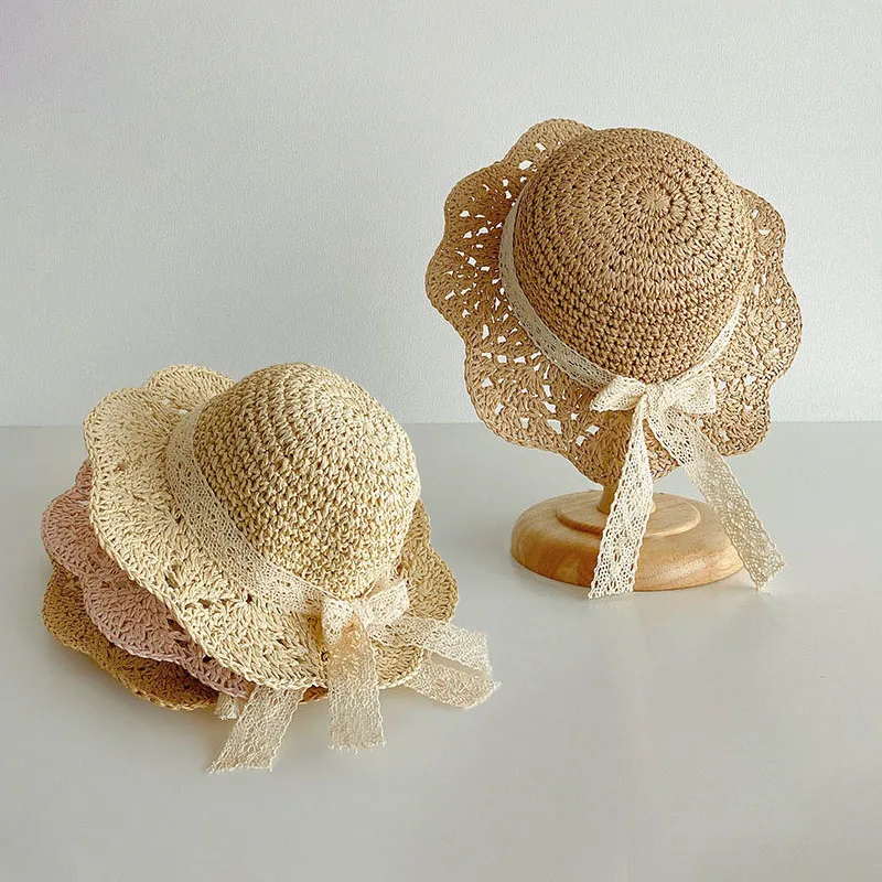 Chapeau bébé de soleil en paille à nœud dentelle