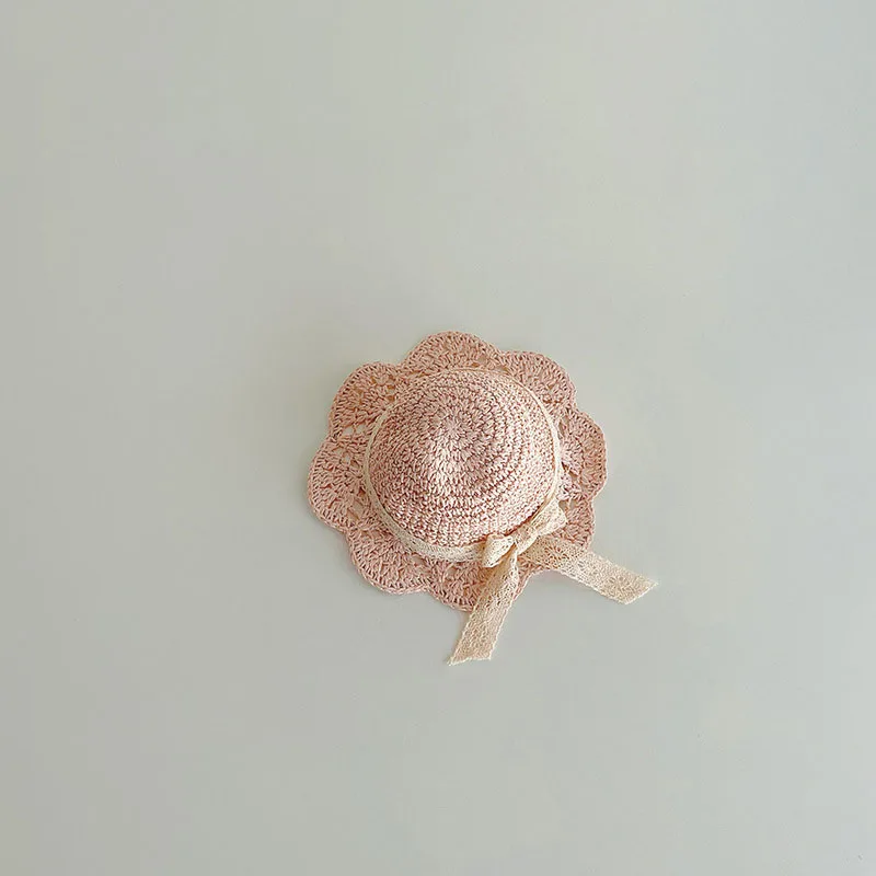 Chapeau bébé de soleil en paille à nœud dentelle